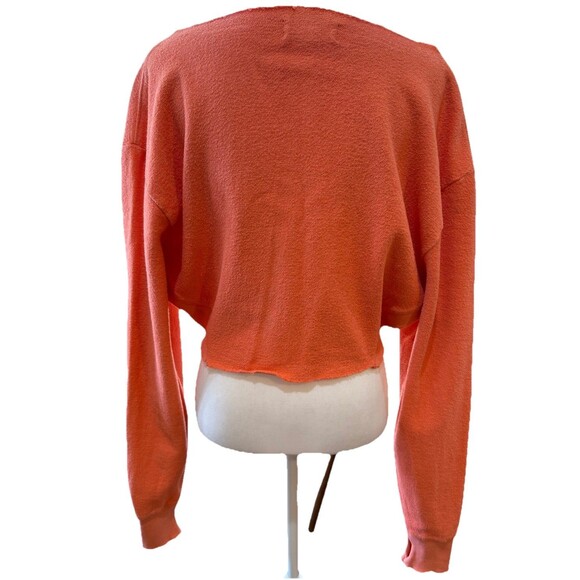 Cropped Distressed Coral Off Shoulder Sweatshirt Slouchy Raw Hem Thumbholes M - Picture 4 of 9